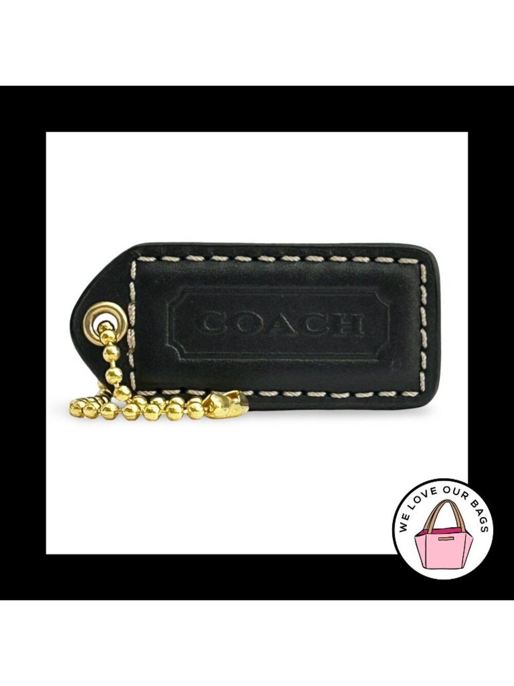 COACH Y2K VINTAGE Hang Tag 2" Black Leather Bag Charm Keychain Fob Brass Medium